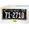 Image 1 : Vintage 1952 Iowa Single License Plate