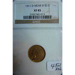 1911 D Weak D $2.50 Indian Head Gold Coin