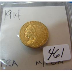 1914 $2.50 Indian Head Gold Coin XF