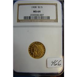 1908 $2.50 Indian Head Gold Coin NGC MS64