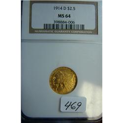 1914D $2.50 Indian Head Gold Coin NGC MS64