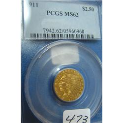 1911 $2.50 Indian Head Gold Coin PCGS MS62