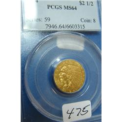 1914 $2.50 Indian Head Gold Coin PCGS MS64
