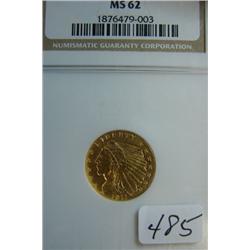 1911 $2.50 Indian Head Gold Coin NGC MS62