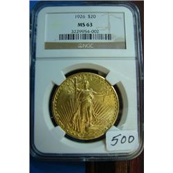 1926 $20 St. Gaudens Gold Coin NGC MS63