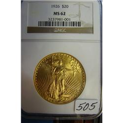 1926 $20 St. Gaudens Gold Coin NGC MS62