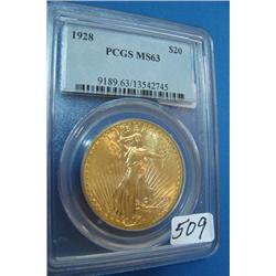 1928 $20 St. Gaudens Gold Coin PCGS MS63
