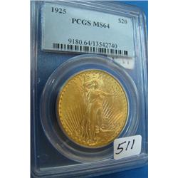 1925 $20 St. Gaudens Gold Coin PCGS MS64