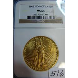 1908 No Motto $20 St. Gaudens Gold Coin NGC MS64