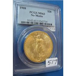 1908 No Motto $20 St. Gaudens Gold Coin PCGS MS63