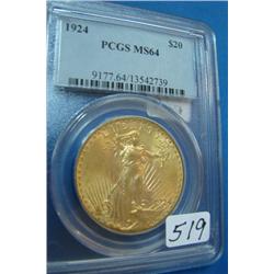 1924 $20 St. Gaudens Gold Coin PCGS MS64