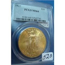 1925 $20 St. Gaudens Gold Coin PCGS MS64
