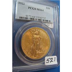 1922  $20 St. Gaudens Gold Coin PCGS MS64