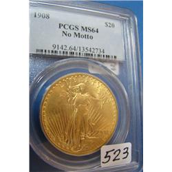 1908 No Motto $20 St. Gaudens Gold Coin PCGS MS64