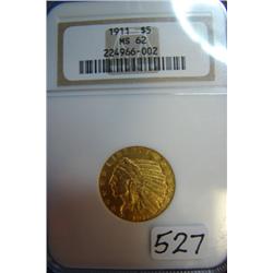 1911 $5 Indian Head Gold Coin NGC MS62