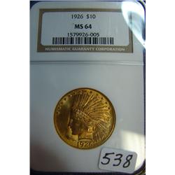 1926 $10 Indian Head Gold Coin NGC MS64