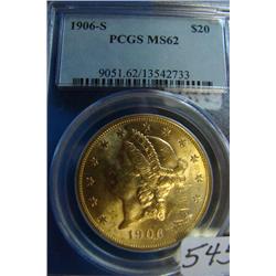 1906-S $20 Liberty Gold Coin PCGS MS62