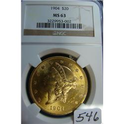 1904 $20 Liberty Gold Coin NGC MS63