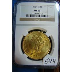 1904 $20 Liberty Gold Coin NGC MS63