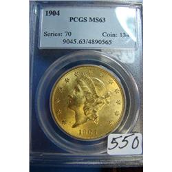1904 $20 Liberty Gold Coin PCGS MS63