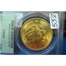 1904  $20 Liberty Gold Coin PCGS MS63