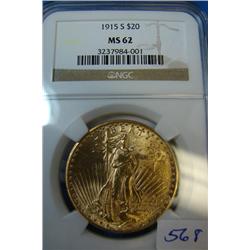 1915-S $20.00 Saint Gaudens Gold Coin NGC MS 62