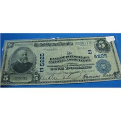 1902 $5.00 National Currency Good Cond. The Bank of Pittsbur