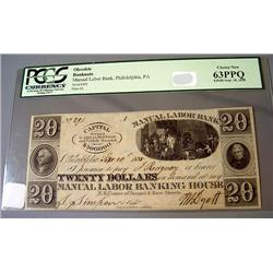 1838 $20.00 Manual Labor Bank Obsolete Bank Note, Phila. Pa 
