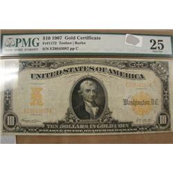 1907 $10.00 Gold Certificate Fr#1172 PMG VF 25