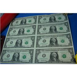 1999 $1.00 Uncut Sheet of 8 Federal Reserve Notes