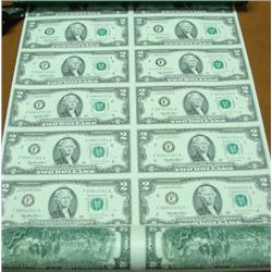 1995 $2.00 Uncut Sheet of 16 Federal Reserve Notes