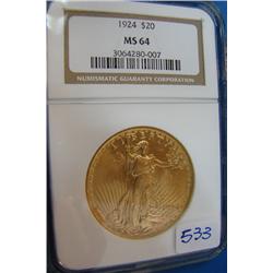 1924 $20.00 St. Gaudens Gold Coin NGC MS64