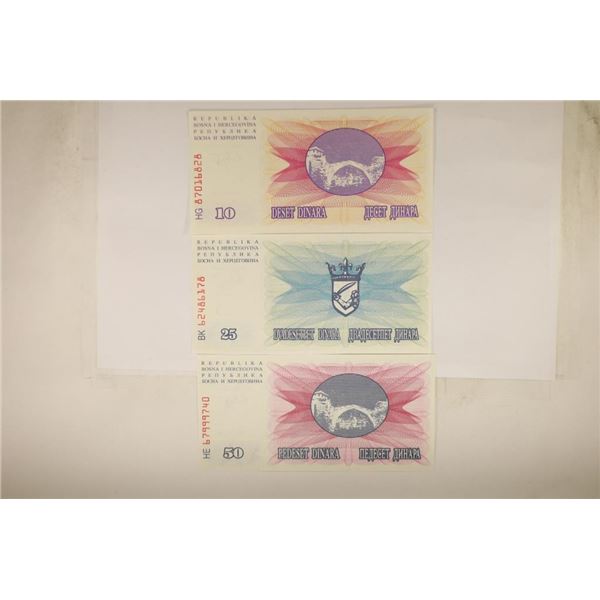 3-1992 BOSNIA BILLS: 10, 25 & 50 DINARA, CRISP UNC
