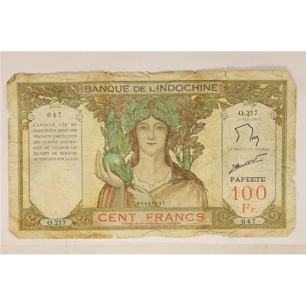 BANK OF INDOCHINA 100 FRANC LARGE SIZE BILL WITH