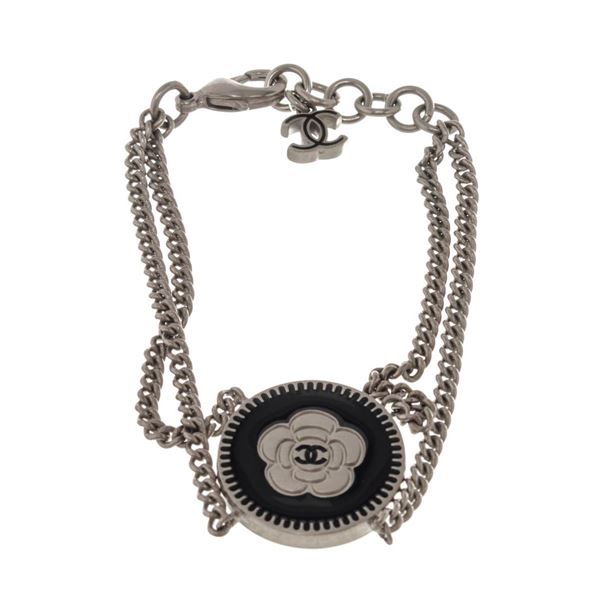 Chanel Black and Silver-tone CC Camelia Flower Bracelet