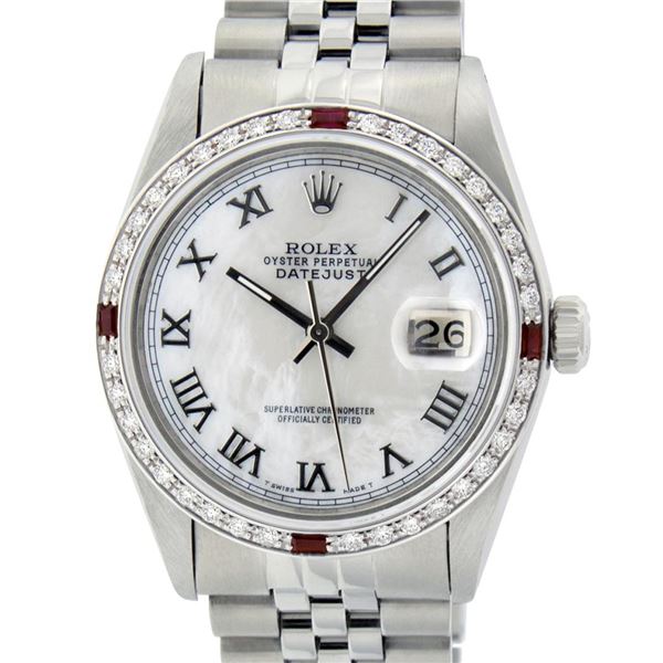 Rolex Mens Stainless Steel Silver MOP Roman 36MM Diamond & Ruby Datejust Wristwa