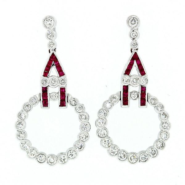 Estate 18K Gold 2.50 ctw Milgrain Bezel Diamond & Ruby Circle Drop Dangle Earrin