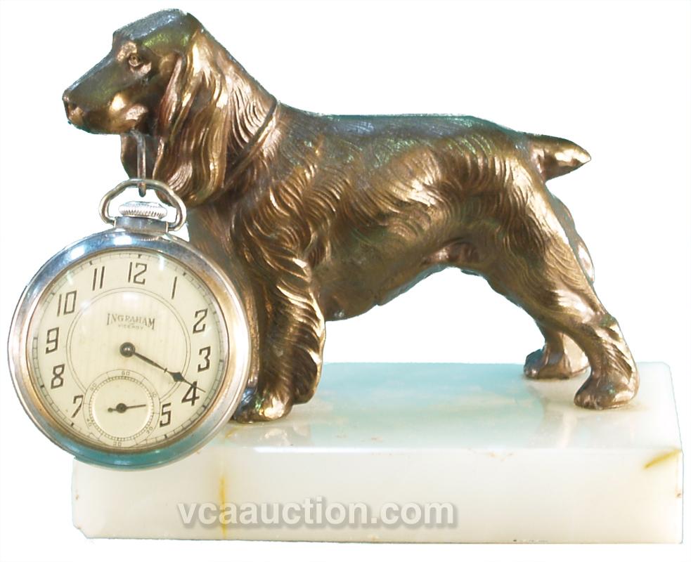 Figural Dog Antique Pocket Watch Holder On White Marble