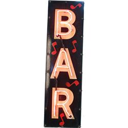 Outdoor Lighted Neon Porcelain Sign "Bar" w/ Red Musica