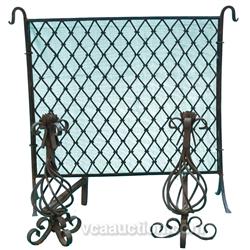 Lot Of 3 Items:  Fireplace Screen & Pair Of Wrought Iro