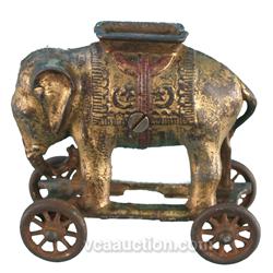 Lot Of 3 Cast-Iron Still Banks:  Elephant On Wheels A.C