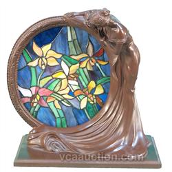 Lamp w/ Woman Holding Circular Stained Glass (Flowers)