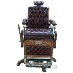 Koken 4 Legged Carved Oak Barber Chair w/ Burgundy Butt