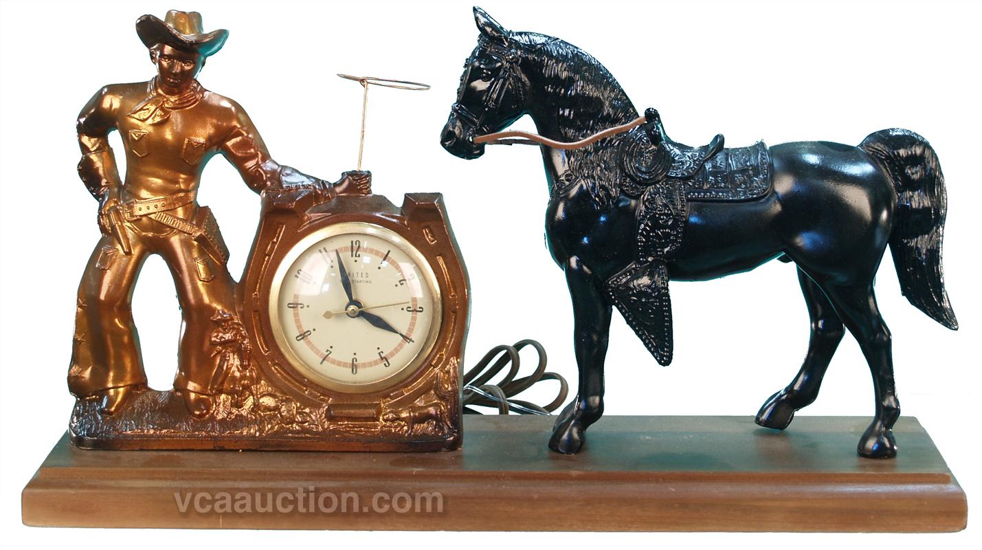 Animated Metal Cowboy Clock w/ Horse On Wood Base - 11