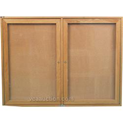 Wall Mount Oak 2 Door Display Case w/ Cork Board Backin