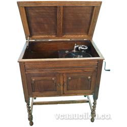 Hand Crank Victrola (Plays Records) In Oak Console Cabi