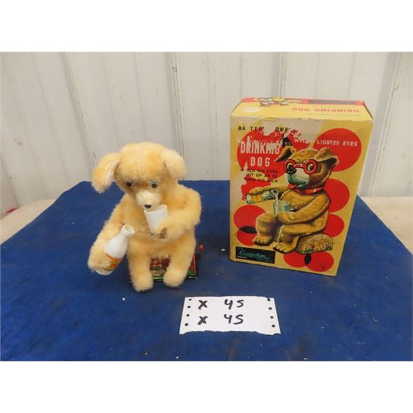 Cragstan Japan Tin Battery Operated Drinking Dog with Box 7.5" Tall