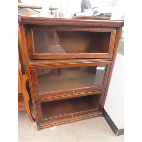 Oak 3 Tier Lawyers Book Case, 2 of 3 Glass Doors Broken 44  x 31  X 13 