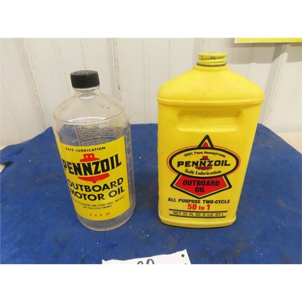 2 Pennzoil Outboard Oil Quart Cans; 1) Glass, 1) Plastic