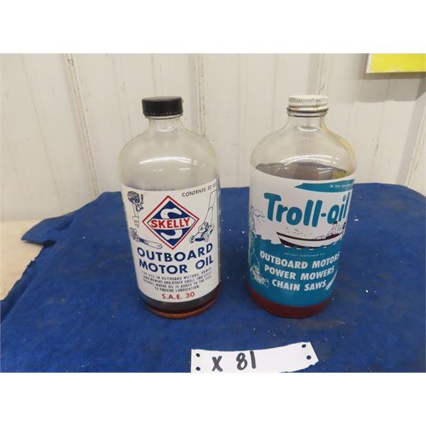 2 Glass Quart Outboard Motor Oil Cans; 1) Skelly 1) Troll-Oil